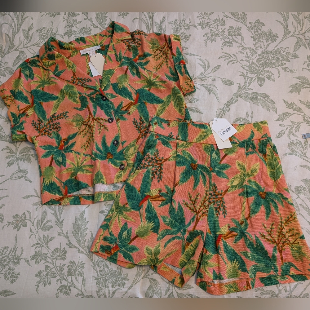 Monteau Tropical Print Shorts Set - Green and Orange